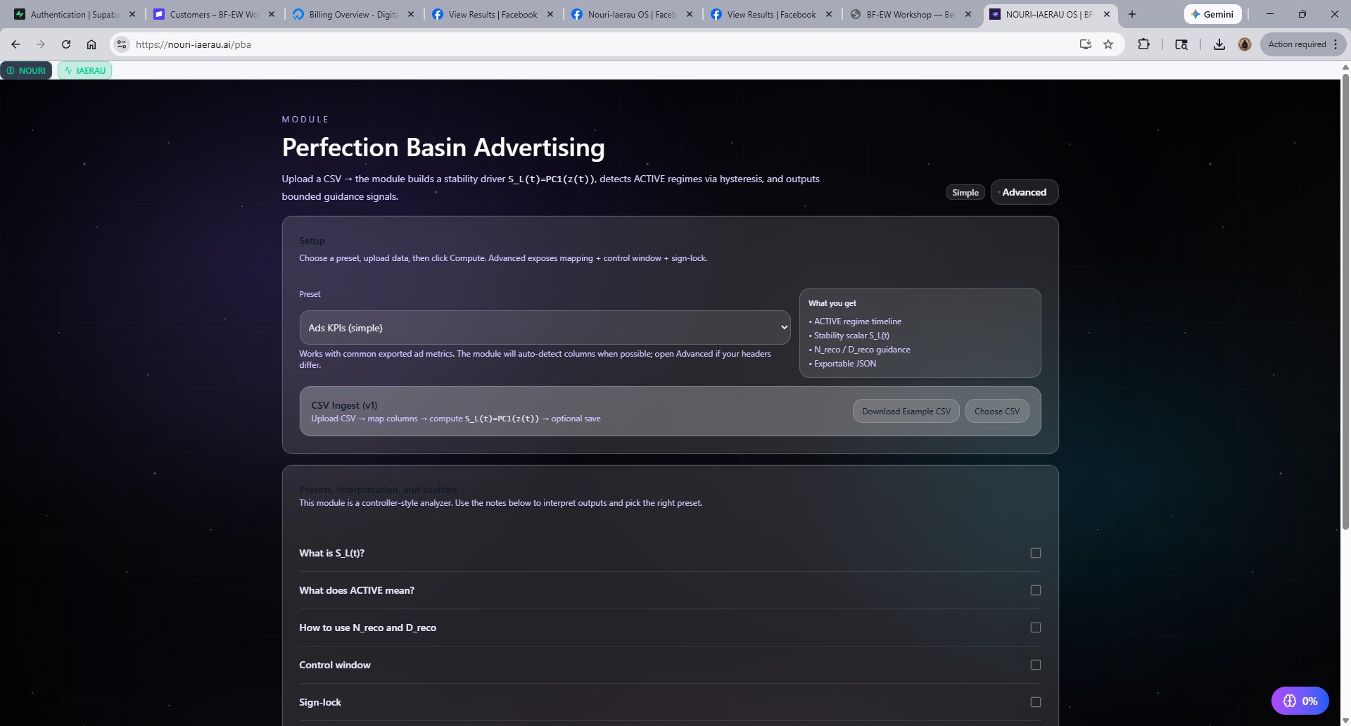 PBA Module — Setup panel with CSV ingest